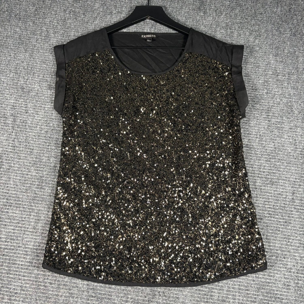Express Sequin Top Womens XS Black Gold Excellent Short Sleeve Party Glam